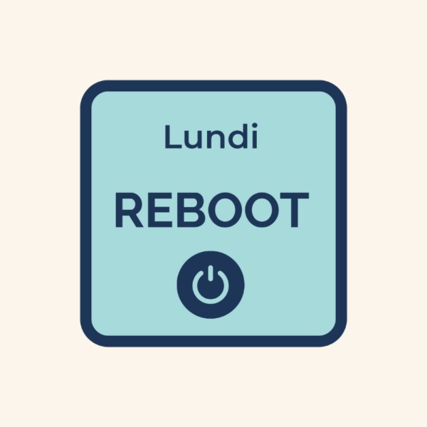 Dessous de verre carré avec le mot « lundi – reboot » et un pictogramme marche/arrêt