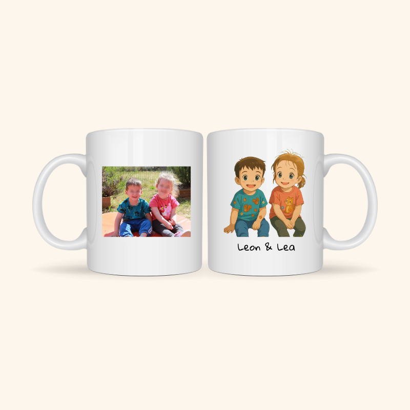 Mug personnalisé avec portrait cartoon au recto et photo originale au verso