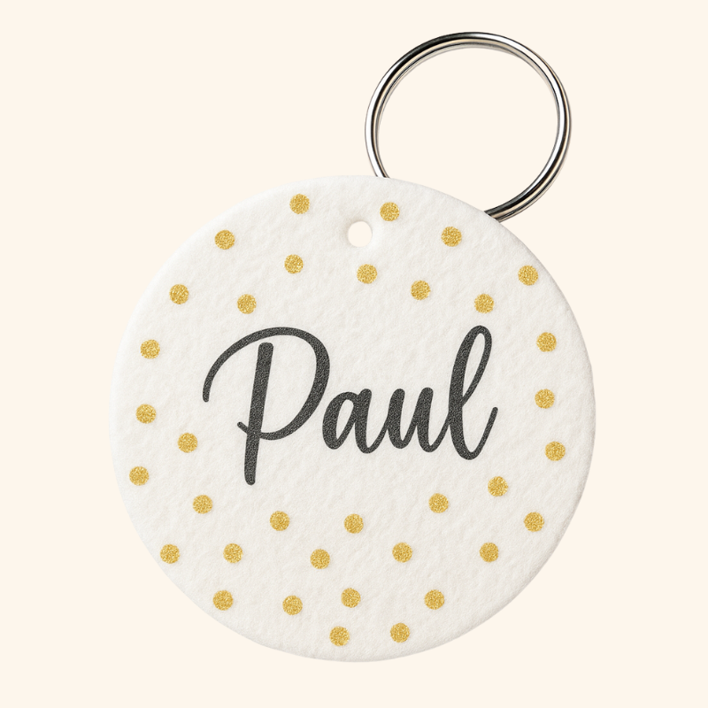 Porte-clé en feutre couleur motif à pois avec prénom en forme ronde, personnalisable sur toute la surface recto et verso