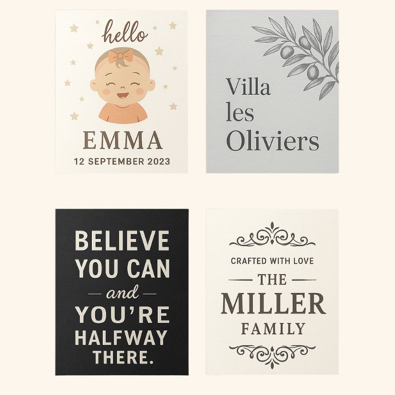 Plaques aluminium rectangulaires 15x10 cm avec designs personnalisés : naissance, plaque de maison, message humoristique et décoration.