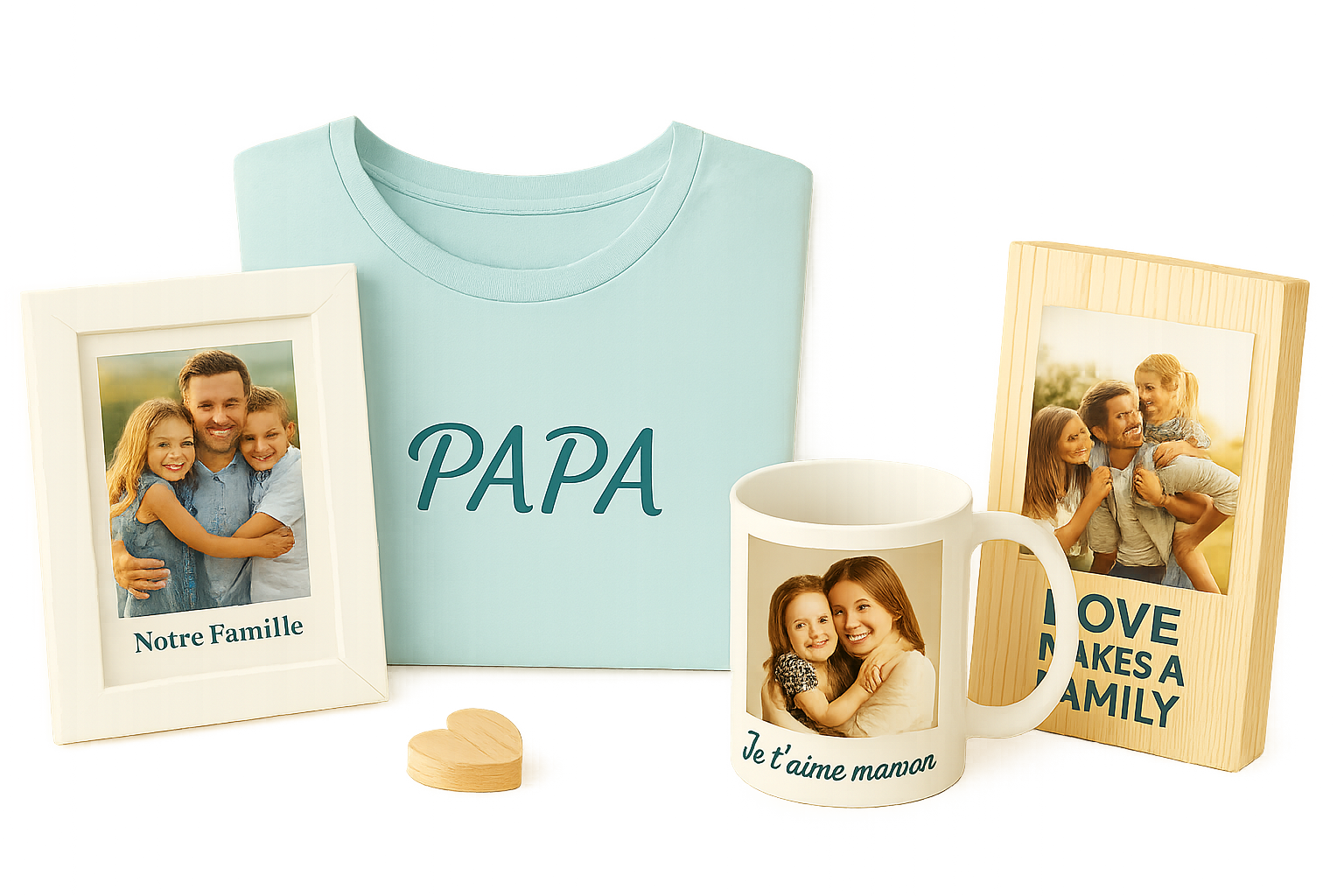 Coffret cadeau personnalisé avec t-shirt "Papa", mug "Je t’aime Maman", et cadres photo familiaux