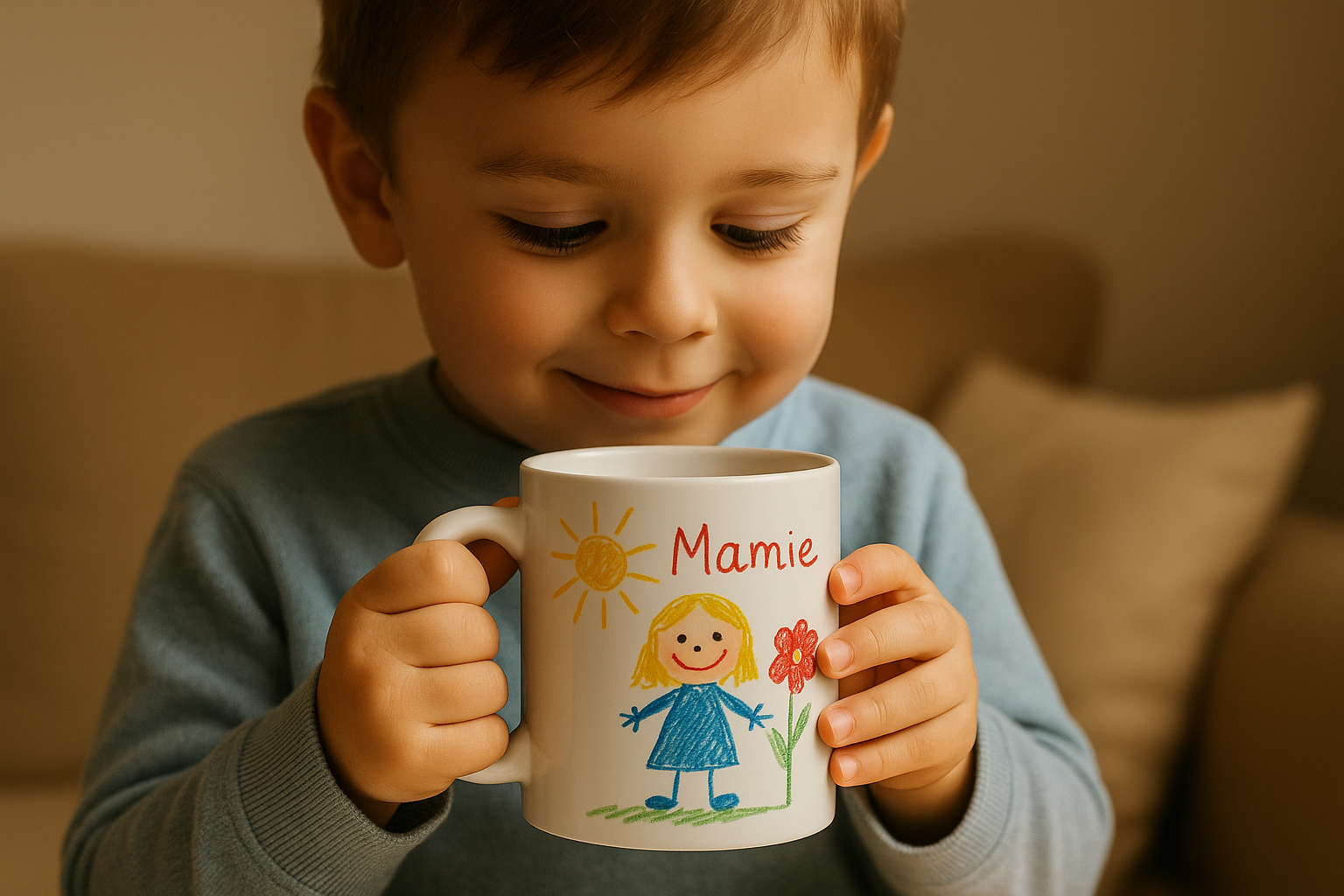 Cadeau enfant personnalisé – Mug avec dessin pour sa mamie Jeune enfant tenant un mug illustré avec un dessin offert à sa grand-mère