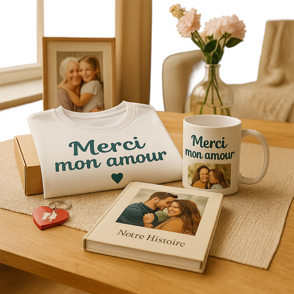 Coffret cadeau personnalisé avec t-shirt, mug "Merci mon amour" et porte-clé photo
