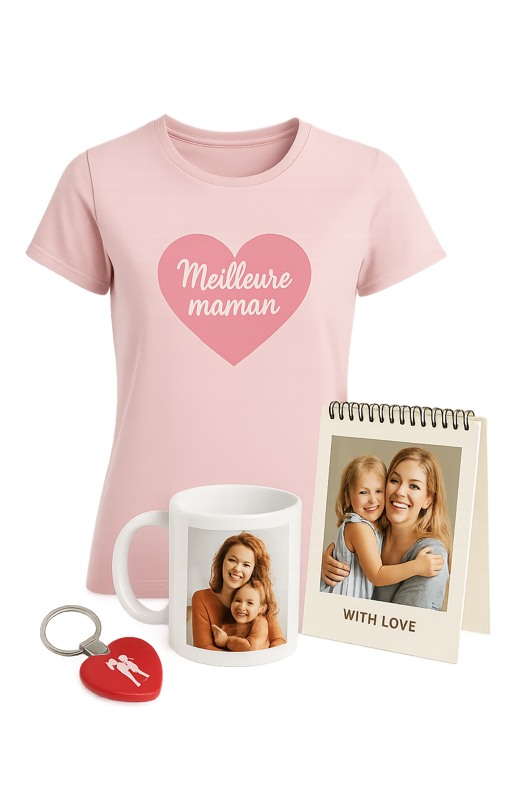 T-shirt "Meilleure maman", mug et carte photo personnalisée, porte-clé cœur
