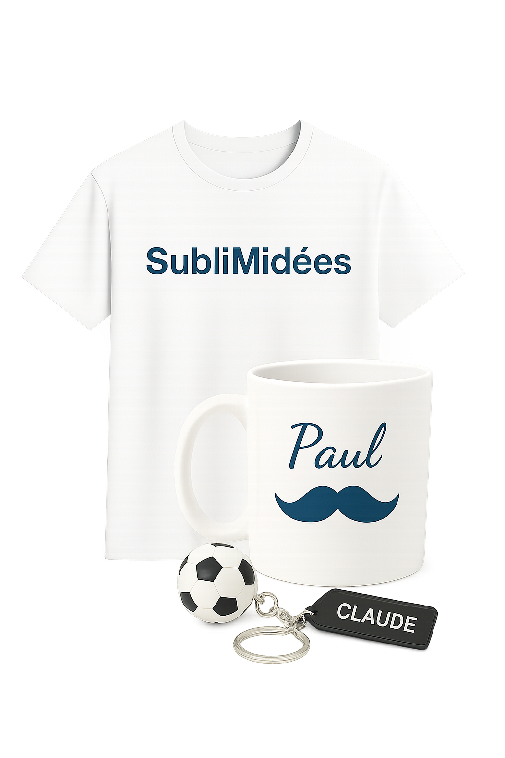 Coffret cadeau homme avec t-shirt "SublimIdées", mug "Paul" avec moustache, porte-clé "Claude" et ballon de foot