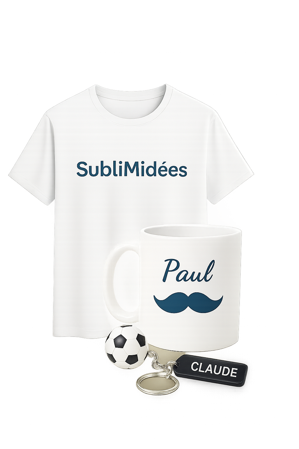 Coffret cadeau homme avec t-shirt "SublimIdées", mug "Paul" avec moustache, porte-clé "Claude" et ballon de foot
