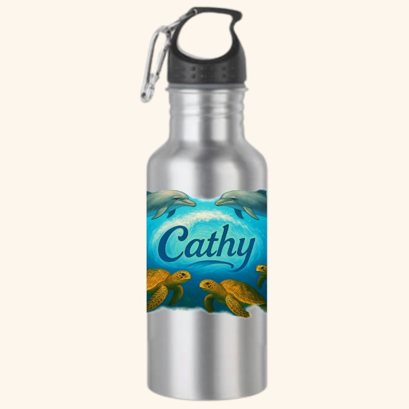 Gourde personnalisée avec prénom Cathy, dauphins et tortues