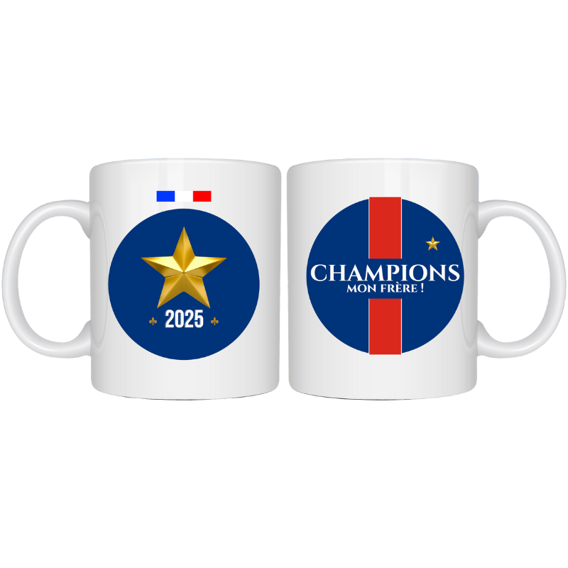 Mug style maillot avec texte « Champion mon frère » au recto, étoile et année 2025 au verso