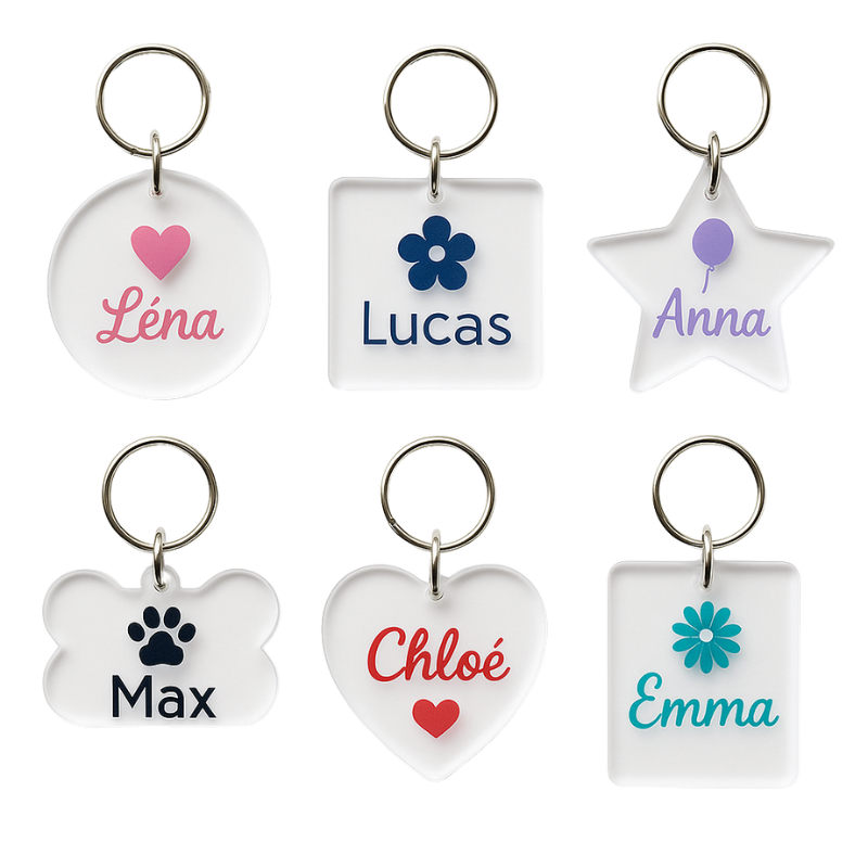 Porte-clés personnalisés en acrylique – formes rondes, carrées, rectangulaires, en étoile, cœur ou os