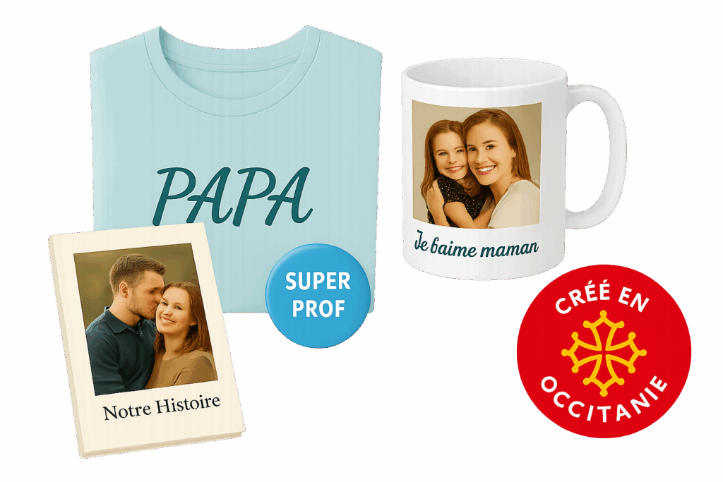 Créations personnalisées Sublim’Idées en Occitanie Quatre produits personnalisés avec badge "Créé en Occitanie", incluant mug photo, porte-clé cœur, t-shirt et livre personnalisé.