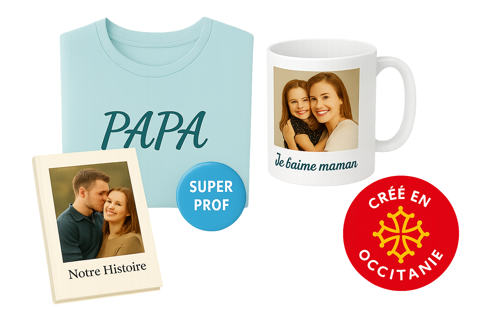 Produits personnalisés créés en Occitanie – Sublim'Idées Quatre produits personnalisés avec badge "Créé en Occitanie", incluant mug photo, porte-clé cœur, t-shirt et livre personnalisé.