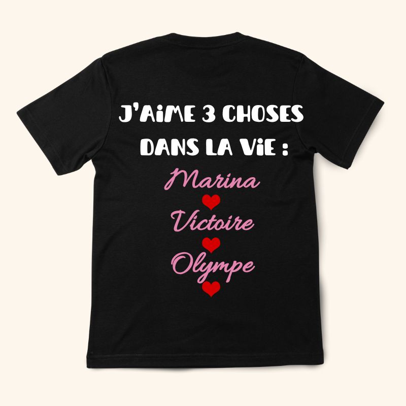 T-shirt personnalisé noir avec message et prénoms