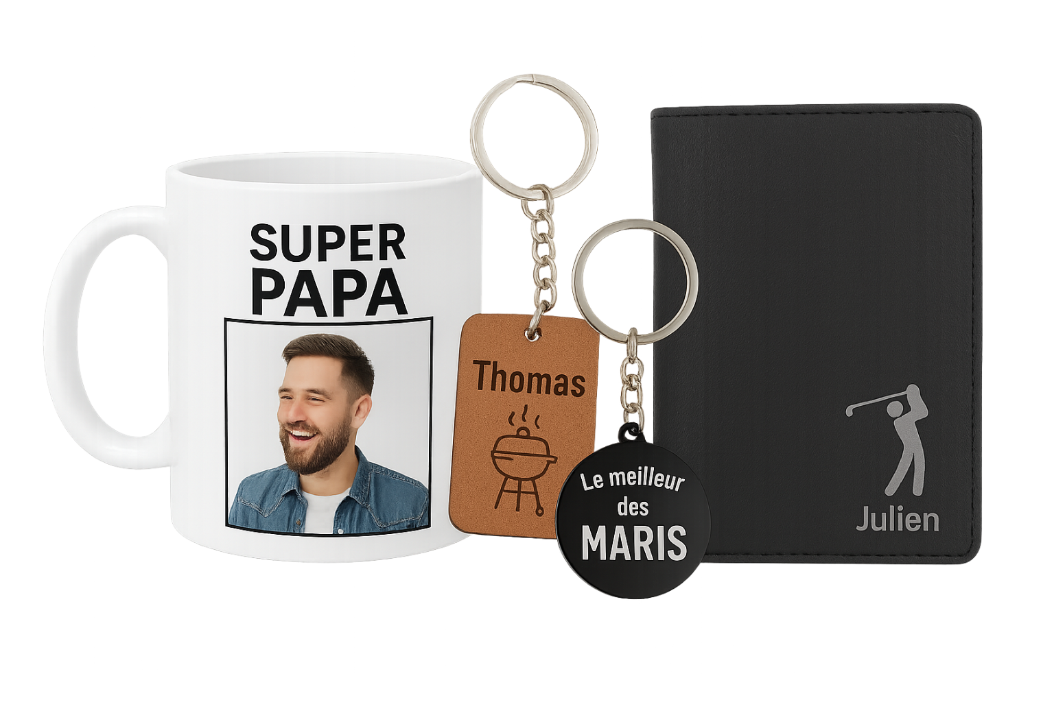 Cadeau personnalisé pour homme avec mug Super Papa, porte-clés et accessoire élégant
