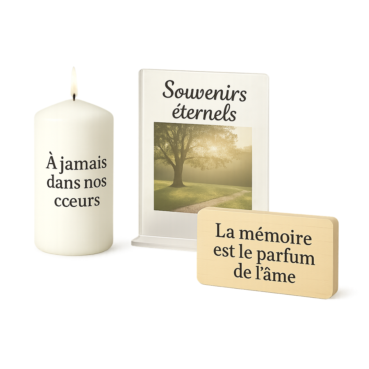 Pack condoléances avec bougie personnalisée, cadre photo acrylique souvenir et plaque bois avec citation