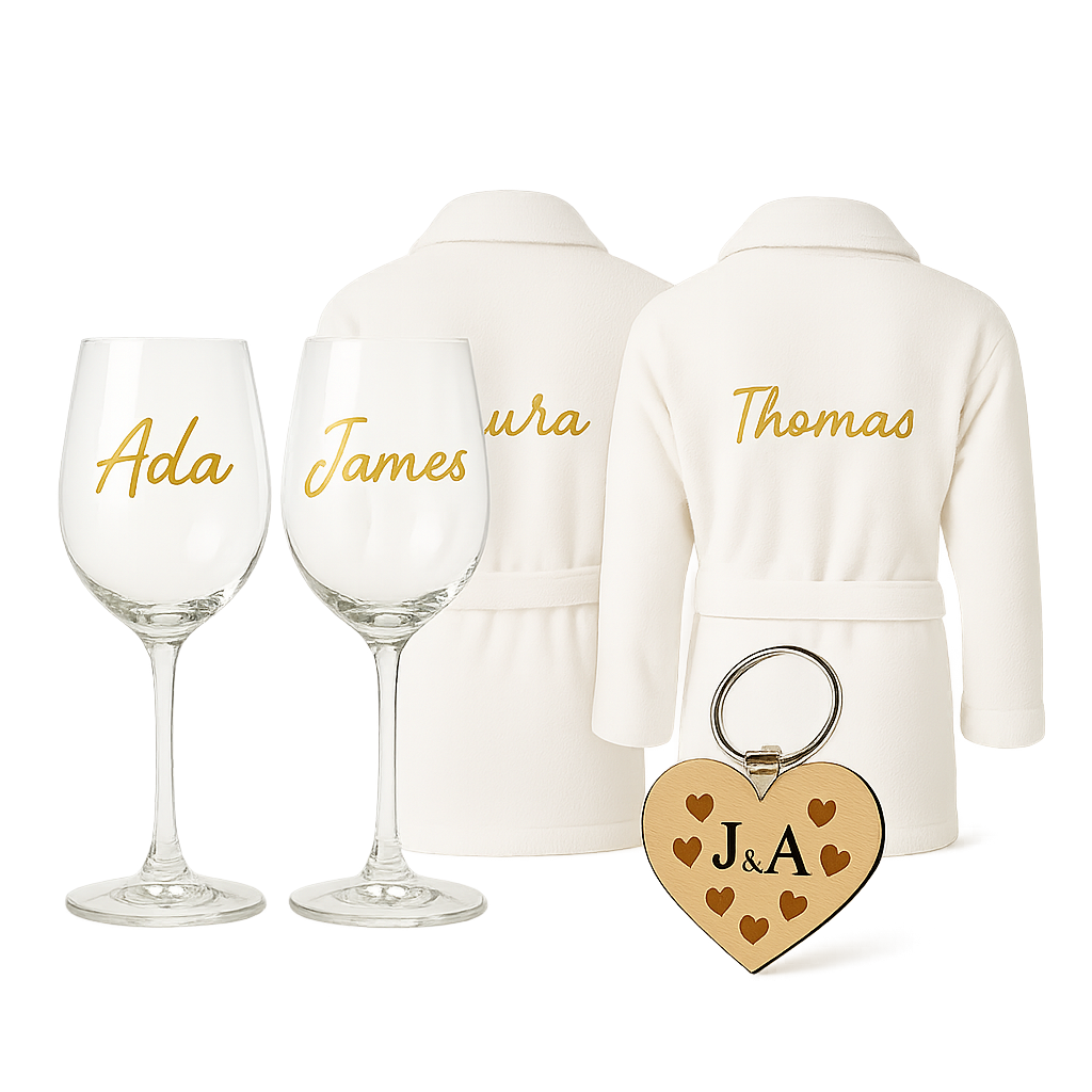 Cadeaux personnalisés Fiançailles – Sublim’Idées Peignoirs personnalisés, verres gravés et porte-clé cœur pour fiançailles