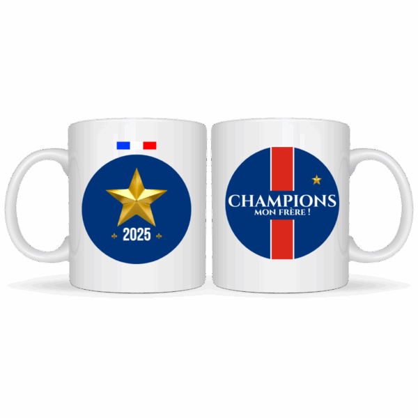 Mug supporters “Champions mon frère !” 2025 avec étoile et bande rouge/bleue, impression recto et verso