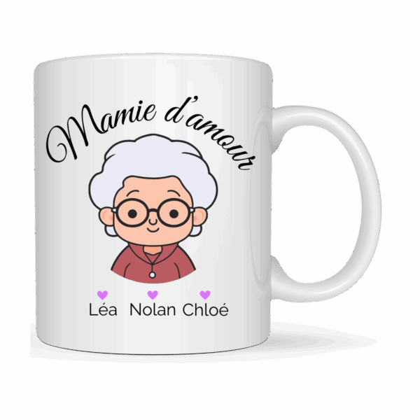 Mug blanc illustré “Mamie d’amour” avec prénoms personnalisés, cadeau fête des grand-mères