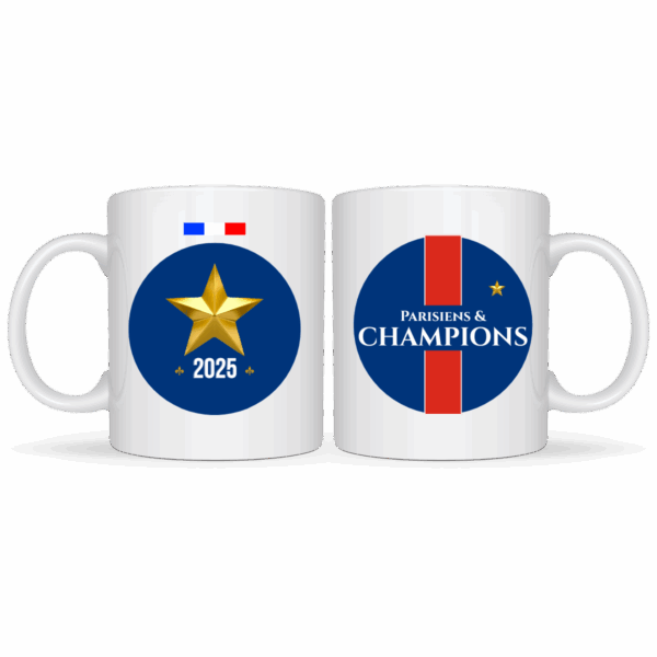Mug “Parisiens & Champions” 2025 style supporters parisiens, double impression recto/verso