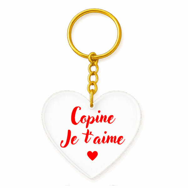 Porte-clé cœur acrylique « Copine je t’aime » – texte rouge