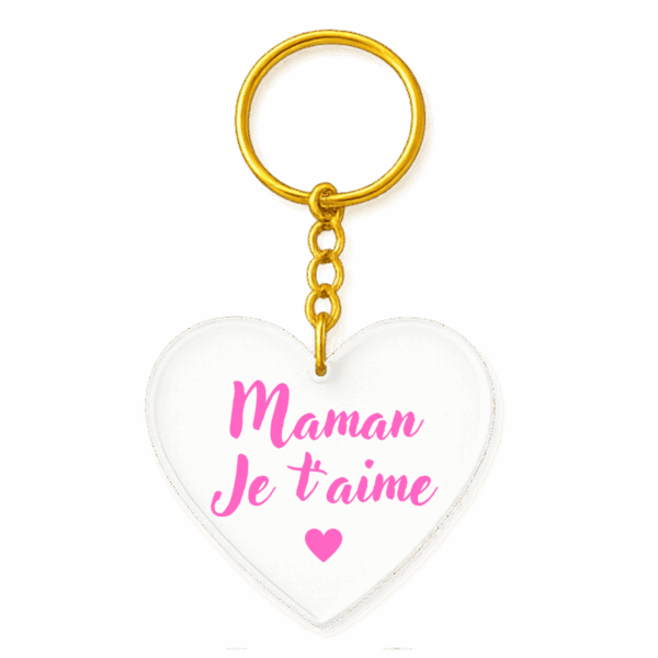Porte-clé cœur acrylique « Maman je t’aime » – rose poudré