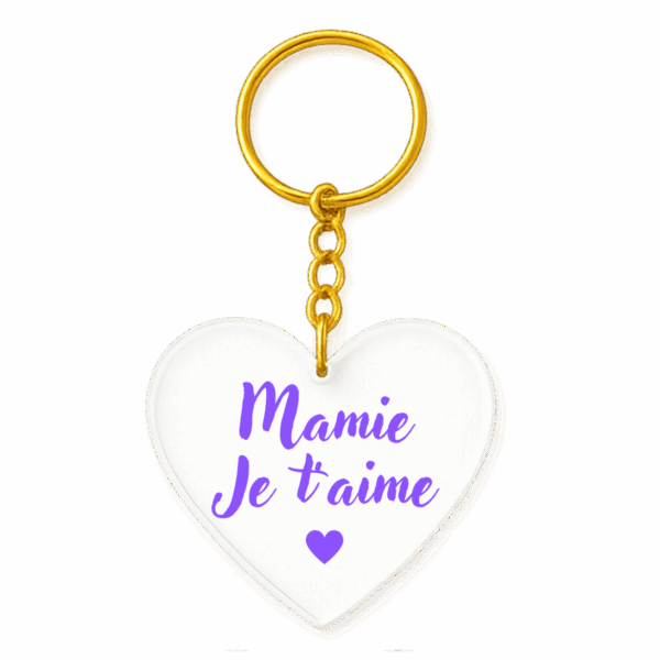 Porte-clé cœur acrylique « Mamie je t’aime » – violet