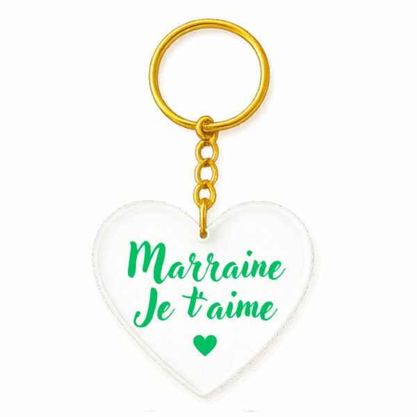 Porte-clé cœur acrylique « Marraine je t’aime » – texte vert