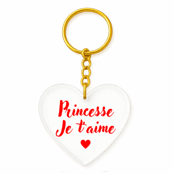 Porte-clé cœur acrylique « Princesse je t’aime » – texte rouge