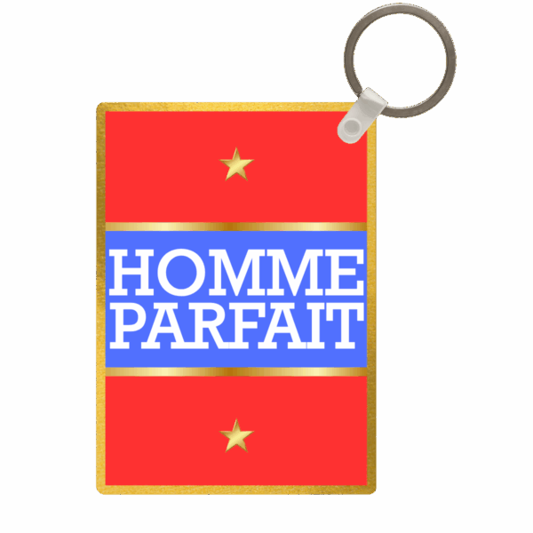 Porte-clé rectangulaire rouge et bleu avec l’inscription Homme Parfait