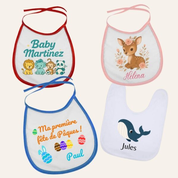 Bavoirs personnalisés avec prénom et motifs animaux – modèles blanc et bordures rouge, bleue, rose – Sublim’Idées