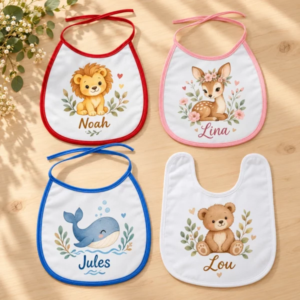 Quatre bavoirs personnalisés avec les prénoms Noah, Lina, Jules et Lou, illustrés d’un lion, d’un faon, d’une baleine et d’un ourson.