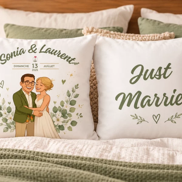 Deux taies d’oreiller personnalisées 40 × 40 cm sur un lit, présentant le recto Sonia & Laurent avec illustration des mariés et le verso Just Married.