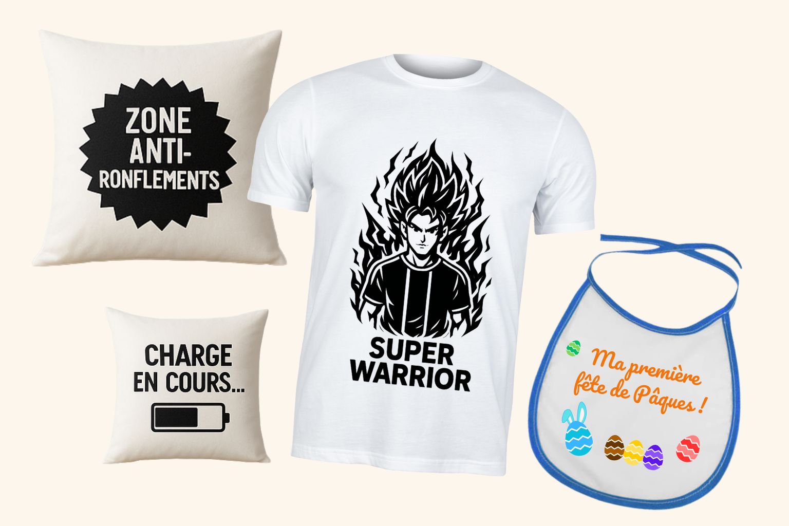 Textile – Éditions prêtes à offrir | Sublim’Idées Sélection textile prête à offrir : T-shirt imprimé, coussins déco et bavoir bébé