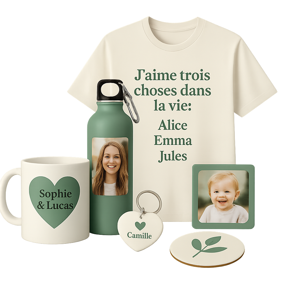 Ensemble de produits personnalisés Sublim’Idées : mug avec prénoms, gourde photo, t-shirt personnalisé, magnet photo, porte-clé et dessous de verre décoré.<br />
