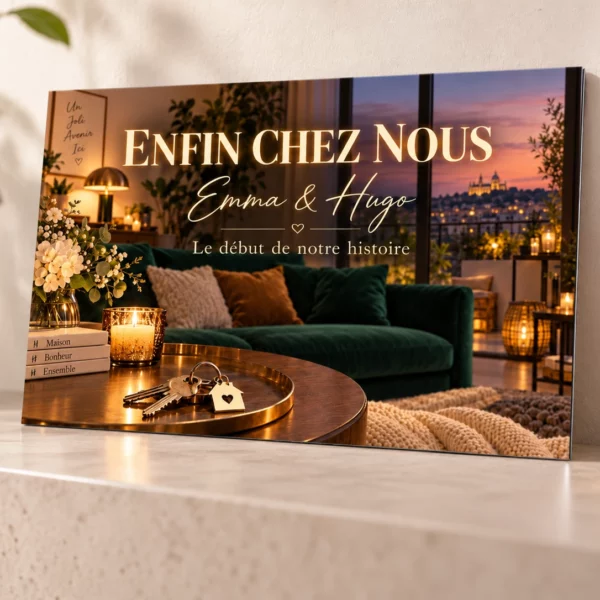 Plaque aluminium personnalisée brillante 10 x 15 cm avec texte Enfin chez nous, prénoms Emma et Hugo, dans une ambiance chaleureuse de décoration intérieure.