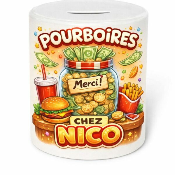 Tirelire pourboires personnalisée avec illustration snack et restaurant, idéale pour caisse ou comptoir