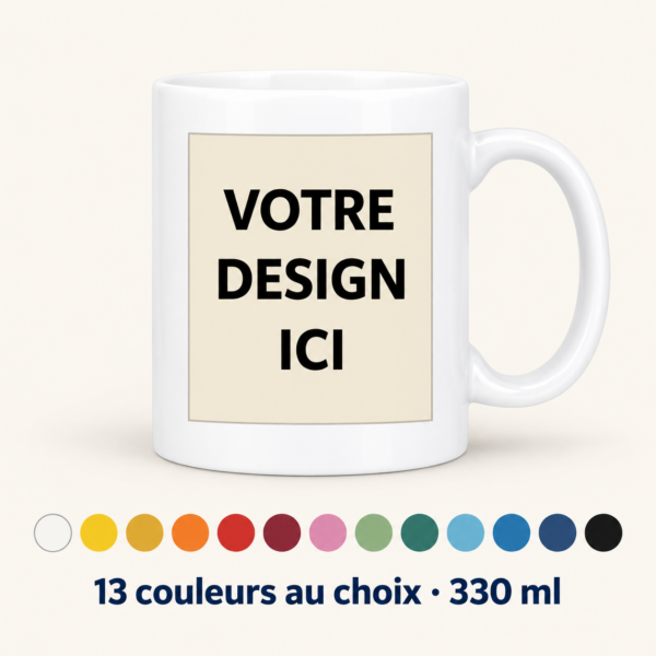 Mug blanc avec la mention « Votre design ici » et 13 pastilles présentant les couleurs disponibles.