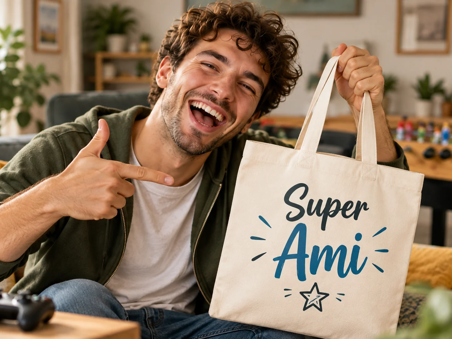 Homme avec un tote bag personnalisé Super Ami