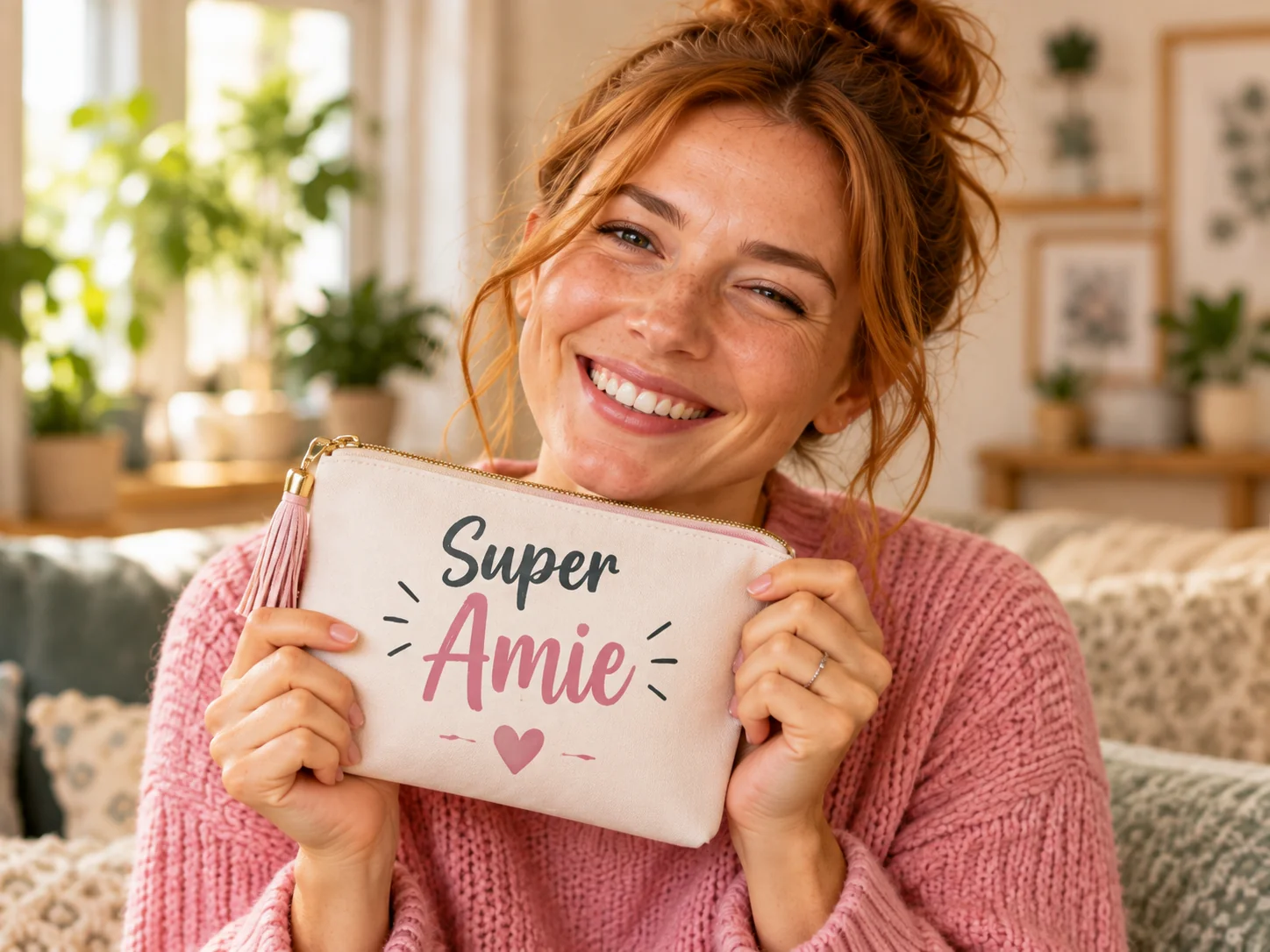 Femme avec une trousse personnalisée Super Amie