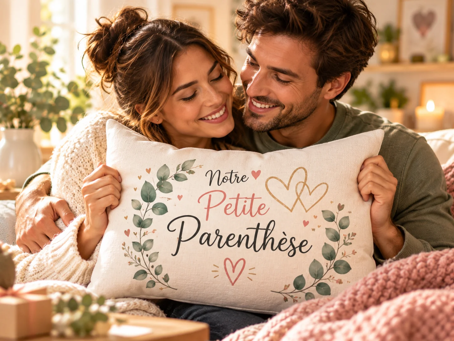 Couple avec un coussin personnalisé romantique
