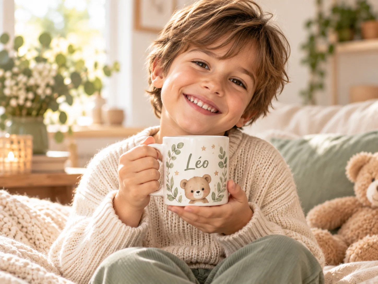 Enfant avec un mug personnalisé Léo