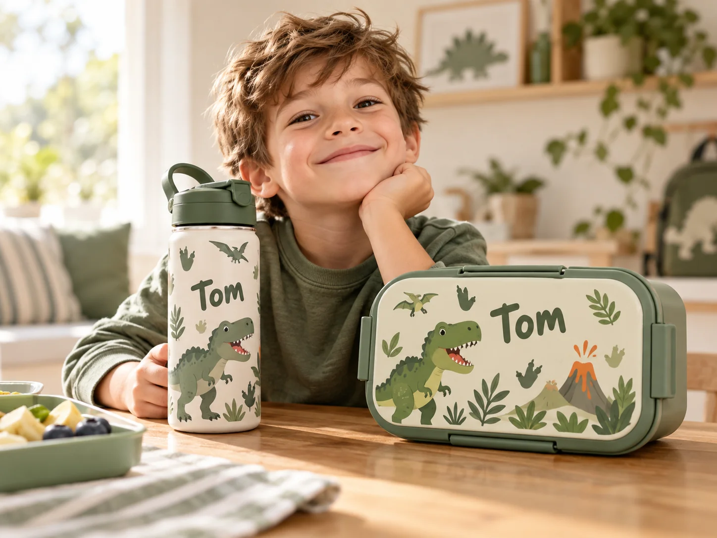 Garçon avec une gourde et une boîte repas personnalisées Tom