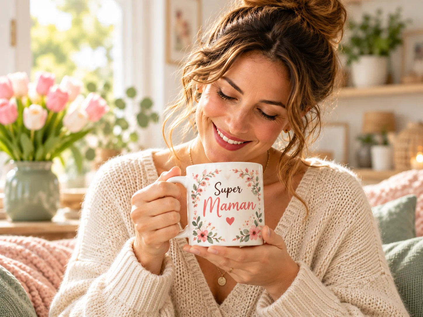Maman avec un mug personnalisé Super Maman