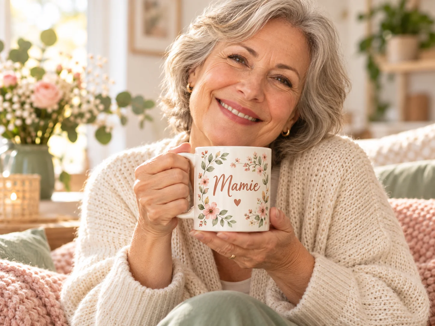 Mamie avec un mug personnalisé fleuri