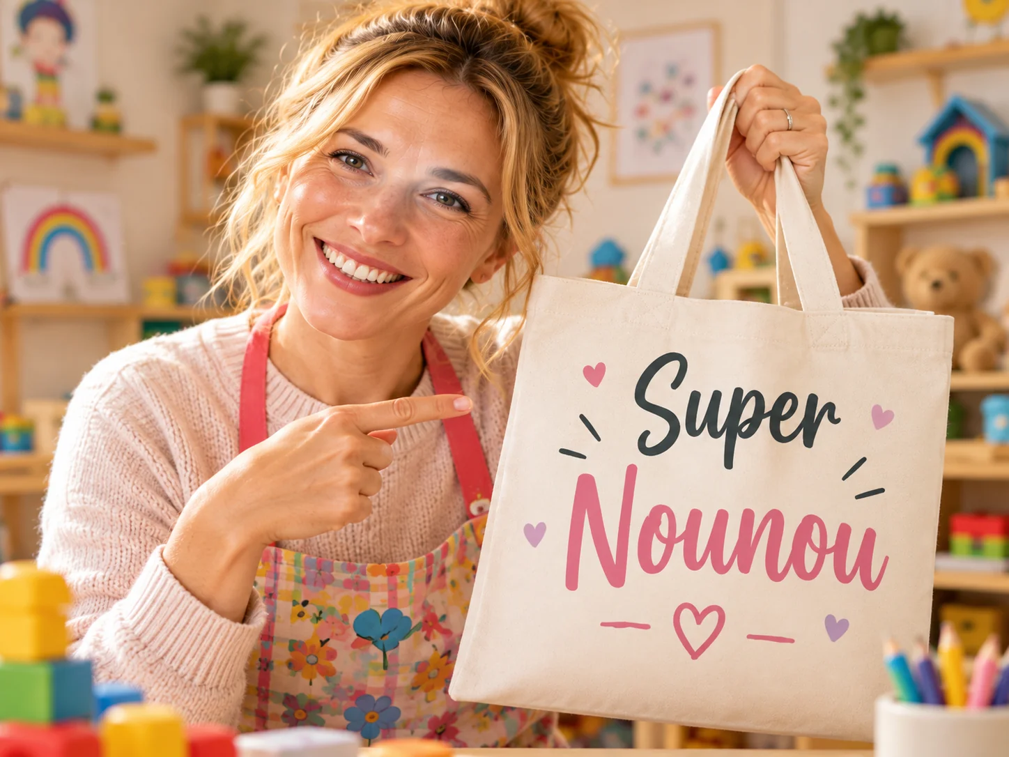 Nounou avec un tote bag personnalisé Super Nounou