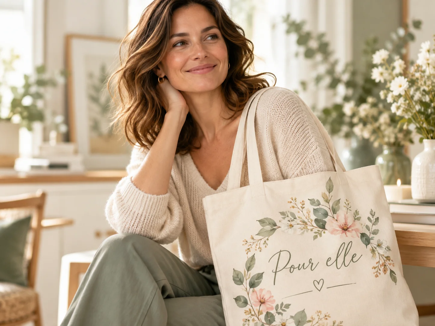 Femme avec un tote bag personnalisé Pour elle