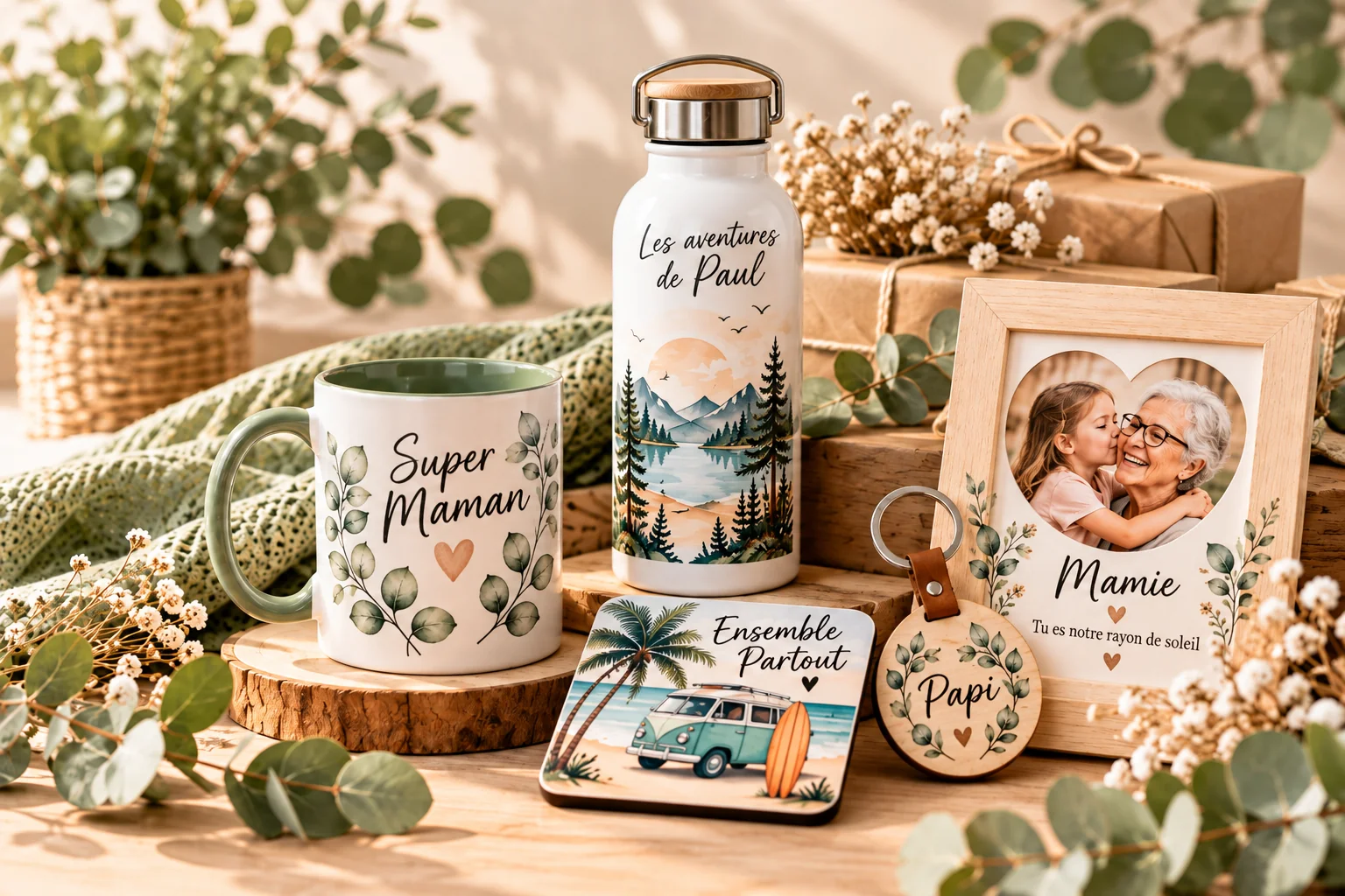 Cadeaux personnalisés par destinataire | Sublim’Idées Sélection de cadeaux personnalisés Sublim’Idées pour différents destinataires : mug Super Maman, gourde personnalisée, cadre photo Mamie, porte-clé Papi et dessous de verre personnalisé.