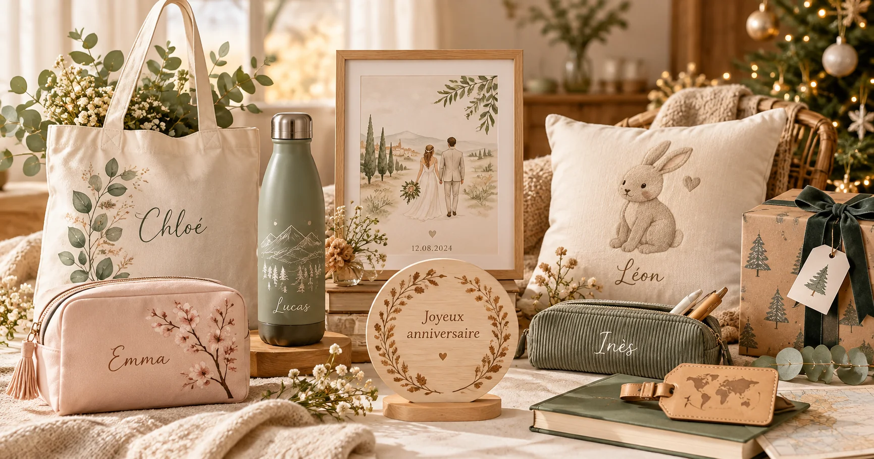 Cadeaux personnalisés pour toutes les occasions Composition de cadeaux personnalisés avec tote bag, gourde, cadre, coussin, trousse et accessoires pour différentes occasions.
