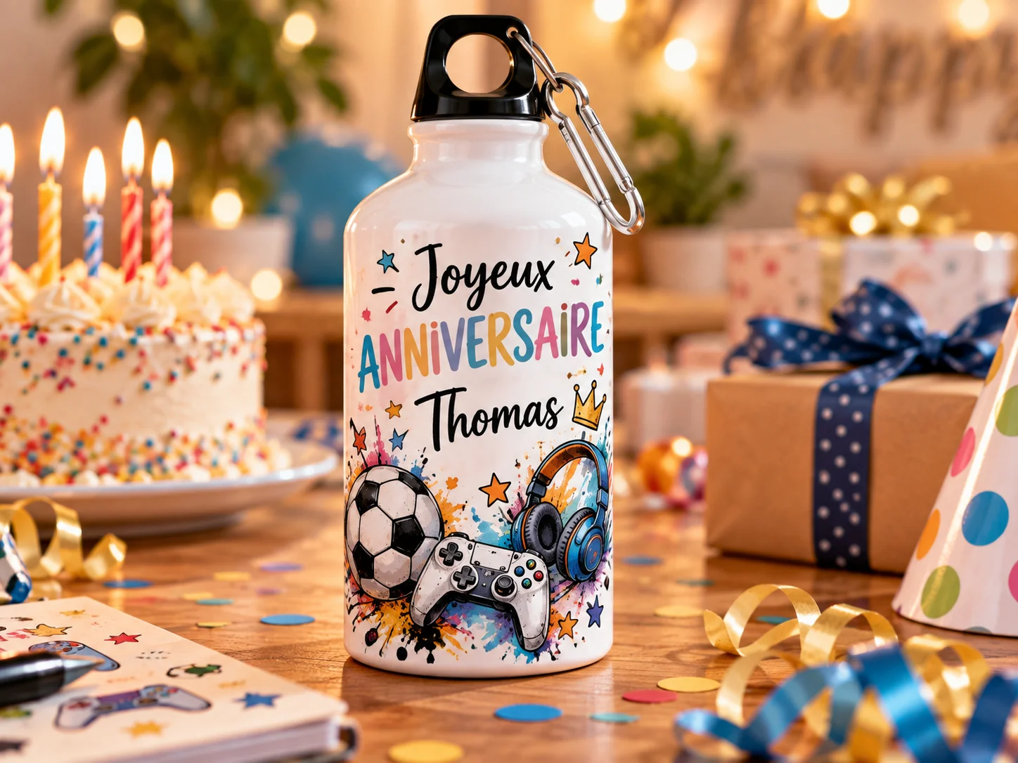 Gourde personnalisée Joyeux anniversaire Thomas dans un décor de fête