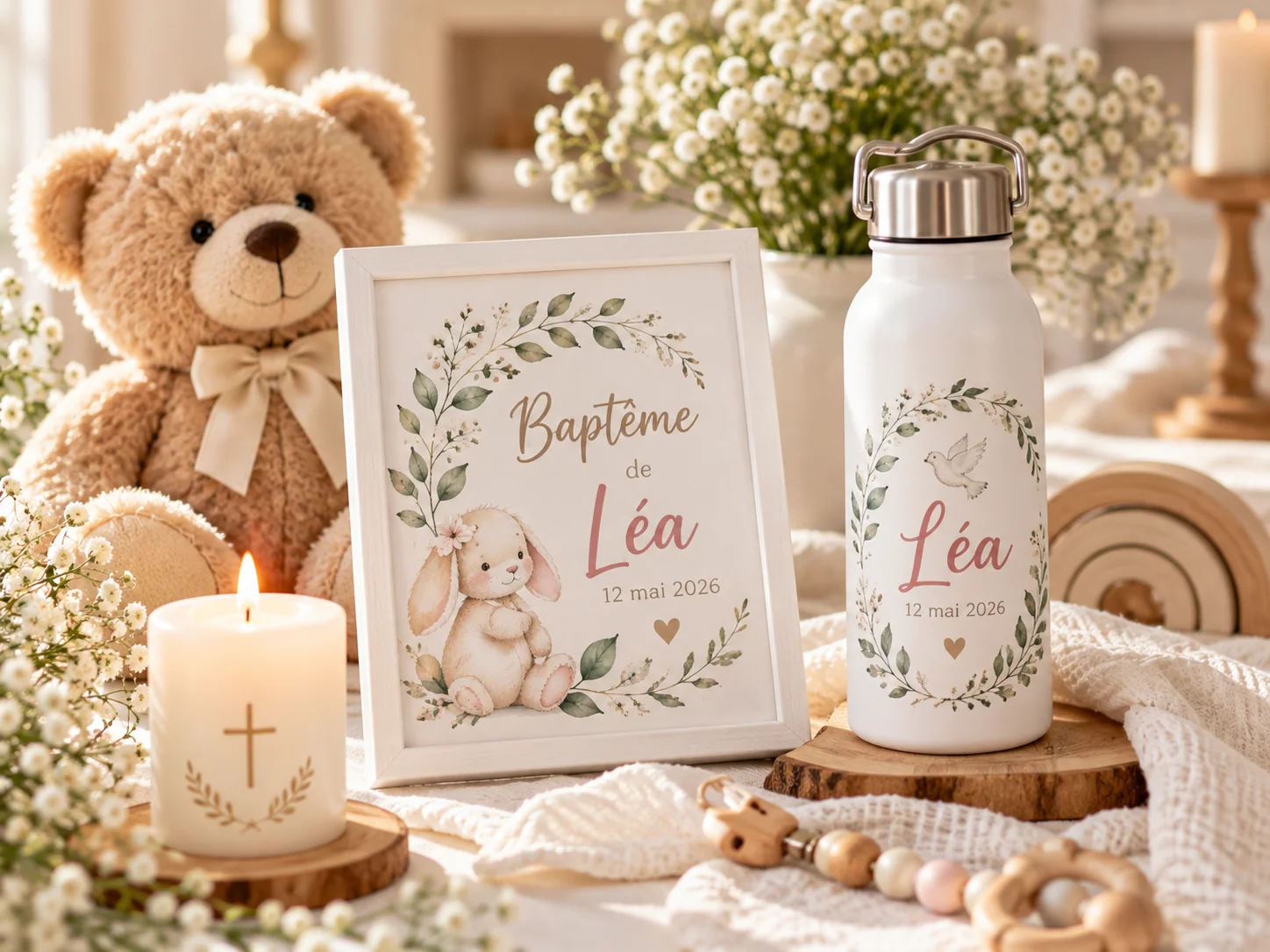Affiche et gourde personnalisées pour le baptême de Léa