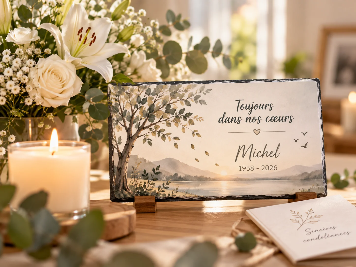 Plaque souvenir personnalisée Toujours dans nos cœurs avec fleurs blanches